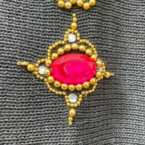 Vintage Glam Black Gold Metallic Beads & Jewels Embellished Beaded Sweater M - Picture 6 of 7